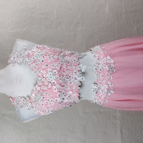 Rachel Allan Pink Crystal Embellished Two Piece Cropped Halter Maxi Skirt Set - Picture 2 of 16